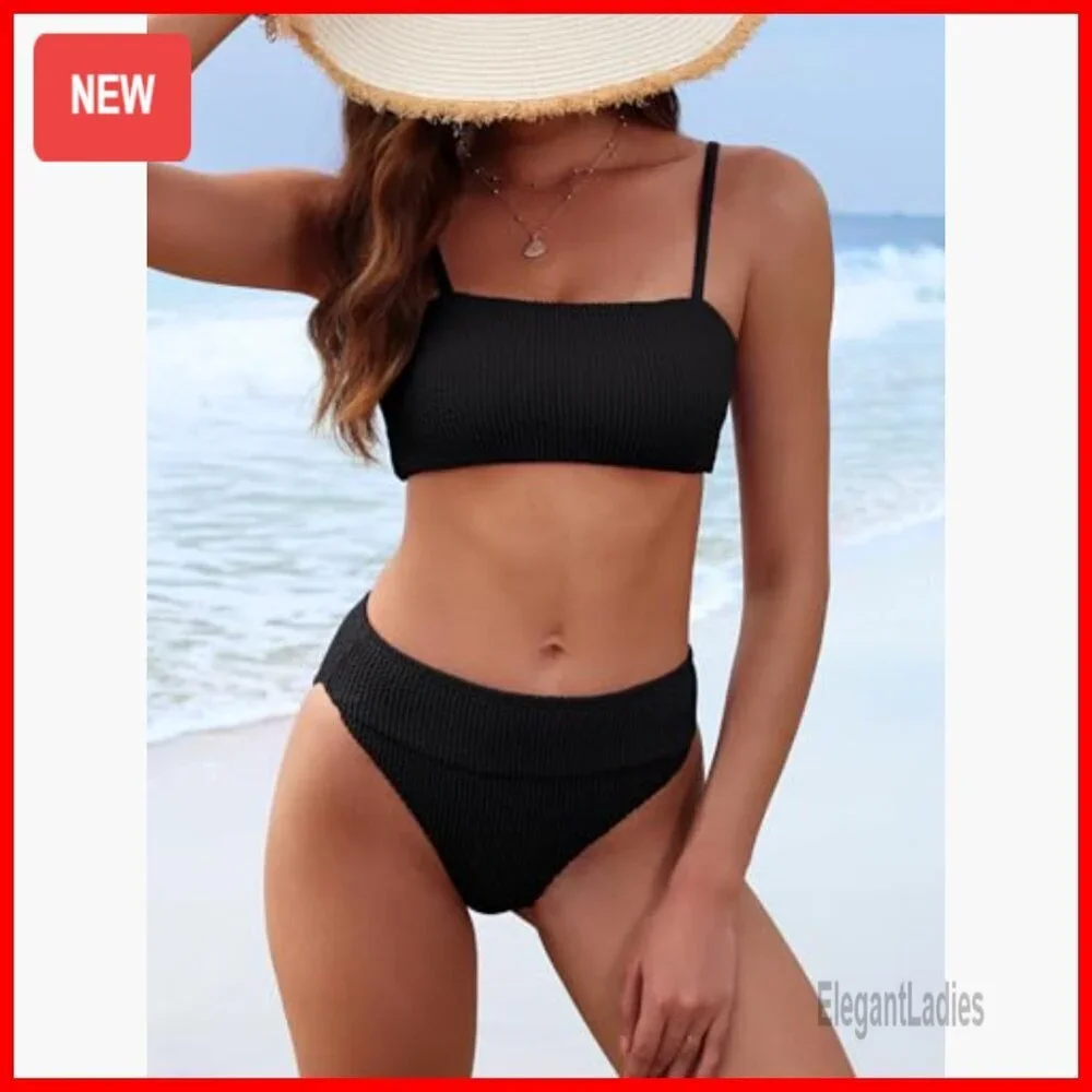 High Waisted Bikini Set Tummy Control Ribbed Texture Adjustable Straps
